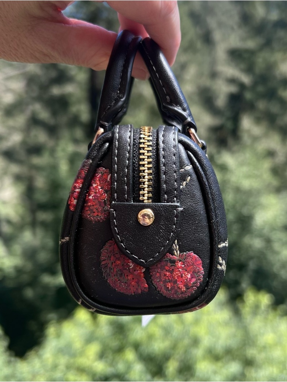 COACH Mini Rowan Bag Charm Black Multi w Sequin Cherry Print & Gold Hardware NWT - Picture 5 of 7